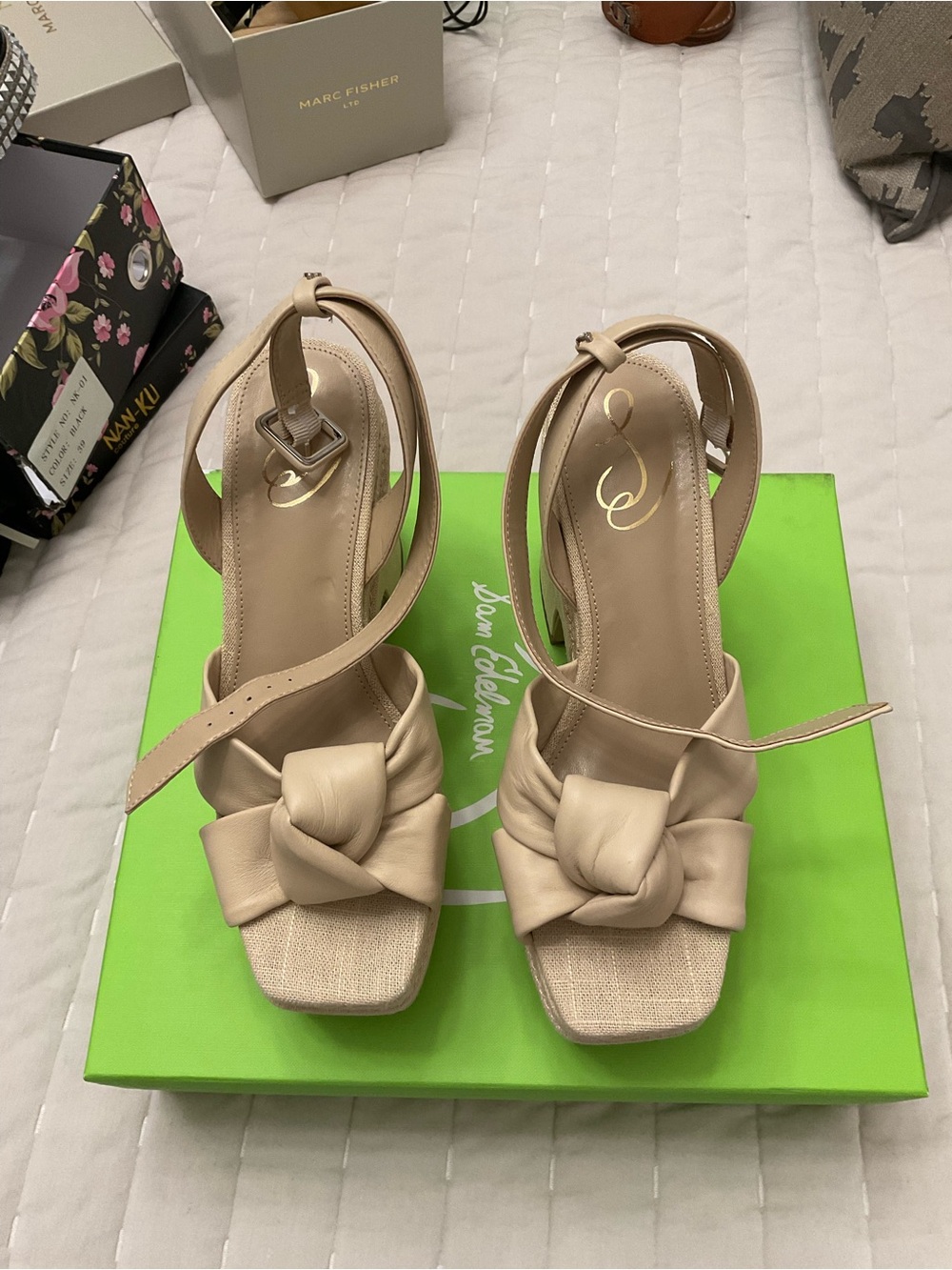 Sam Edelman Beige Knotted Square-Toe Ankle-Strap Heels